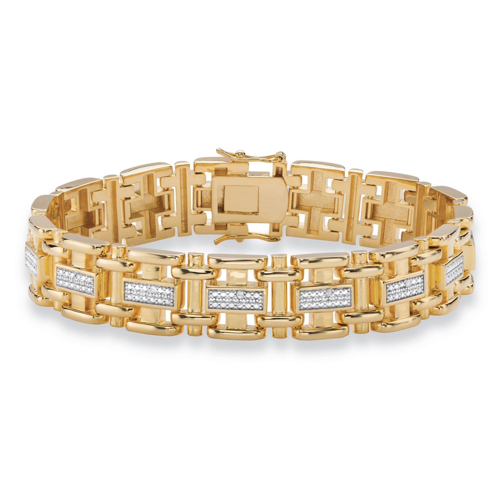 Men's Diamond Accent Pave-Style Two-Tone Bar-Link Bracelet 14k Yellow ...