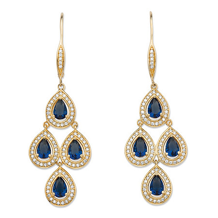 Pear-Cut Simulated Blue Sapphire and Cubic Zirconia Halo Chandelier Earrings 4.90 TCW Gold-Plated 2.25" at PalmBeach Jewelry
