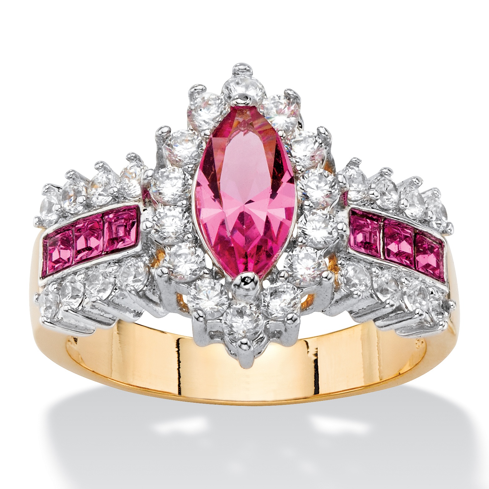 89 Tcw Marquise Cut Pink Crystal And Cubic Zirconia Halo Cocktail Ring 14k Yellow Gold Plated 5768