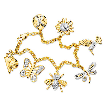 Diamond Accent Pave-Style Rolo-Link Whimsical Springtime Charm Bracelet Yellow Gold-Plated 7.5" at PalmBeach Jewelry
