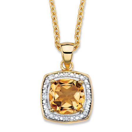 1.83 TCW Genuine Cushion-Cut Yellow Citrine and Diamond Accent Pave-Style Halo Necklace in 14k Yellow Gold over Sterling Silver 18"-20" at PalmBeach Jewelry