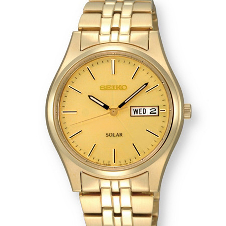 Men's Seiko Solar Watch with Gold Face and Bracelet Band in Gold Tone 8" at Direct Charge presents PalmBeach