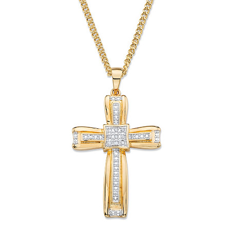 White Diamond Accent Two-Tone Layered Cross Pendant and Curb-Link Necklace Yellow Gold-Plated 22" at PalmBeach Jewelry