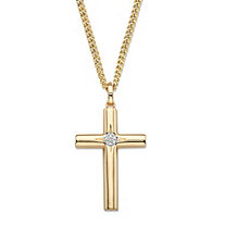 SETA JEWELRY White Diamond Accent Starburst Etched Cross Pendant Curb-Link Necklace Yellow Gold-Plated  22
