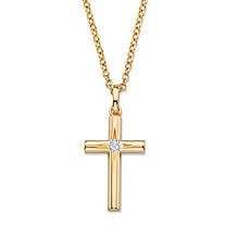 White Diamond Accent Etched Cross Pendant Necklace Yellow Gold-Plated 18"