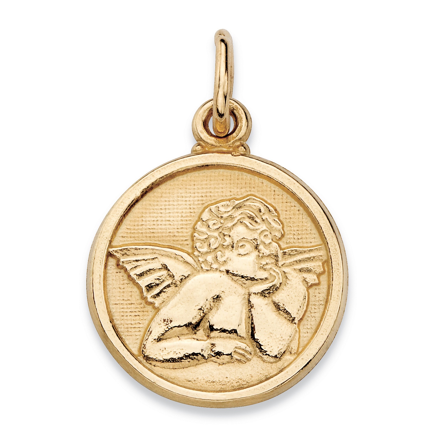Round Cherub Angel Embossed Charm Pendant in 14k Yellow Gold (3/4") at
