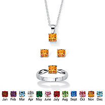 Princess-Cut Simulated Birthstone 3-Piece Pendant Necklace, Stud Earrings and Ring Set in Sterling Silver 18"