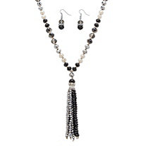 Black and Silver Beaded Silvertone 2-Piece Necklace and Earrings Set 24"-27"