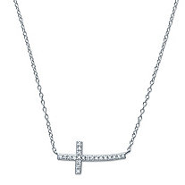 Round Cubic Zirconia Sideways Cross Necklace in Sterling Silver 18"-20" (.11 TCW)