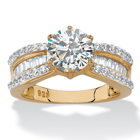 Round and Baguette-Cut Cubic Zirconia Engagement Ring 2.88 TCW in 18k Yellow Gold over Sterling Silver at PalmBeach Jewelry