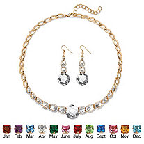 Simulated Birthstone Crystal 2-Piece Halo Drop Earrings and Necklace Set Round Checkerboard-Cut in Gold Tone 17"-20"
