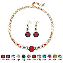 Simulated Birthstone Crystal 2-Piece Halo Drop Earrings and Necklace Set Round Checkerboard-Cut in Gold Tone 17"-20"