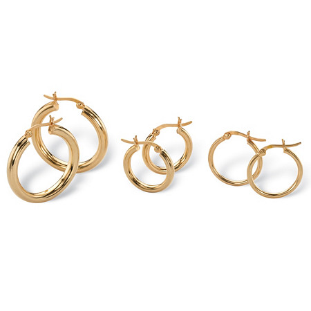 Polished 4-Pair Set of Hoop Earrings in 18k Yellow Gold Plated Sterling Silver (1", 1/2", 3/4") at PalmBeach Jewelry