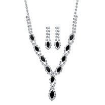 Marquise-Cut Black and White Crystal 2-Piece Halo Earrings and Necklace Set in Silvertone 18