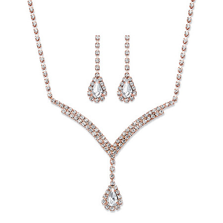 Pear-Cut Crystal 2-Piece Halo Drop Earrings and Necklace Set Rose Gold-Plated 13"-17" at PalmBeach Jewelry