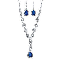 Pear-Cut Simulated Blue Sapphire and Cubic Zirconia 2-Piece Halo Earrings and Twisted Necklace Set 23.70 TCW in Silvertone 15"-20"