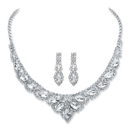 Marquise-Cut Crystal 2-Piece Drop Earrings and Tiara Bib Necklace Set in Silvertone 13"-17" at PalmBeach Jewelry