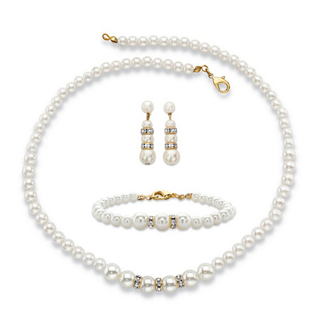 Simulated Pearl and Crystal 3-Piece Strand Necklace, Earrings and Bracelet Set in Gold Tone 16.5" at PalmBeach Jewelry