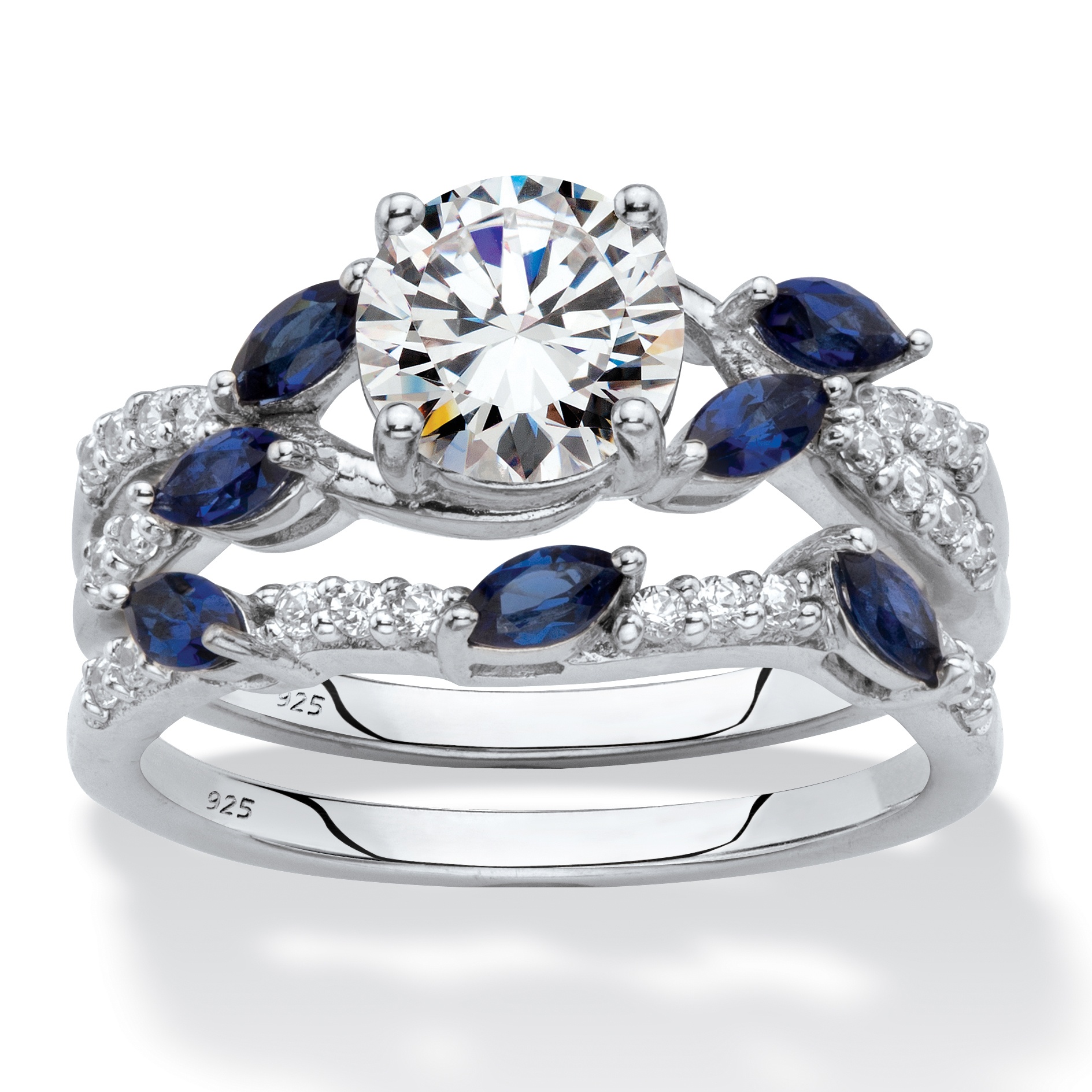 Round Cubic Zirconia and Marquise Created Blue Sapphire 2-Piece Vine ...