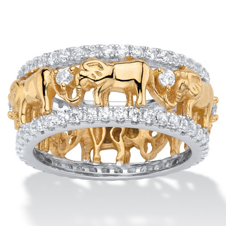 Round Cubic Zirconia Two-Tone Elephant Parade Eternity Ring 1.40 TCW Yellow Gold-Plated at PalmBeach Jewelry