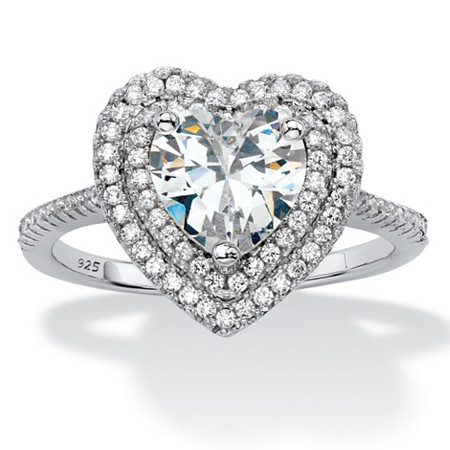 Heart Shaped Cubic Zirconia Halo Engagement Ring 1.48 TCW in Platinum over Sterling Silver at PalmBeach Jewelry