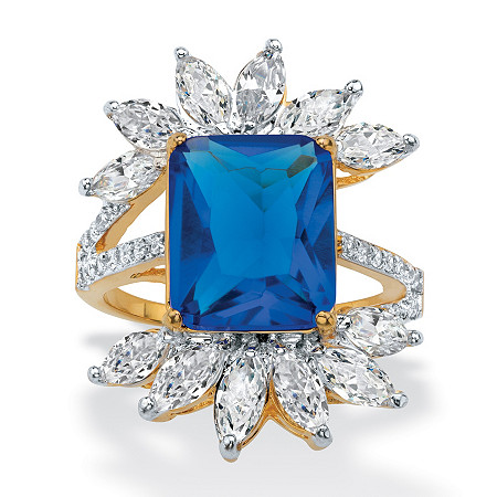 Emerald-Cut Simulated Blue Sapphire Cubic Zirconia Starburst Ring 9.45 TCW Gold-Plated at PalmBeach Jewelry