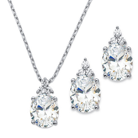 Oval-Cut Cubic Zirconia 2-Piece Earrings and Pendant Necklace Set 13.22 TCW Platinum-Plated 18"-20" at PalmBeach Jewelry