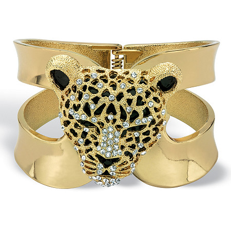 Crystal Leopard Hinged Cuff Bangle Bracelet in Gold Tone (50mm) at PalmBeach Jewelry