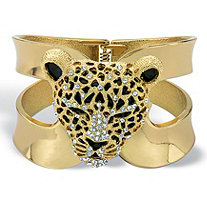 Crystal Leopard Hinged Cuff Bangle Bracelet in Gold Tone (50mm)