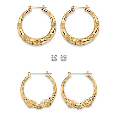 Cubic Zirconia 3-Pair Set of Round Stud and Textured Hoop Earrings 4 TCW in Gold Tone 2" at PalmBeach Jewelry