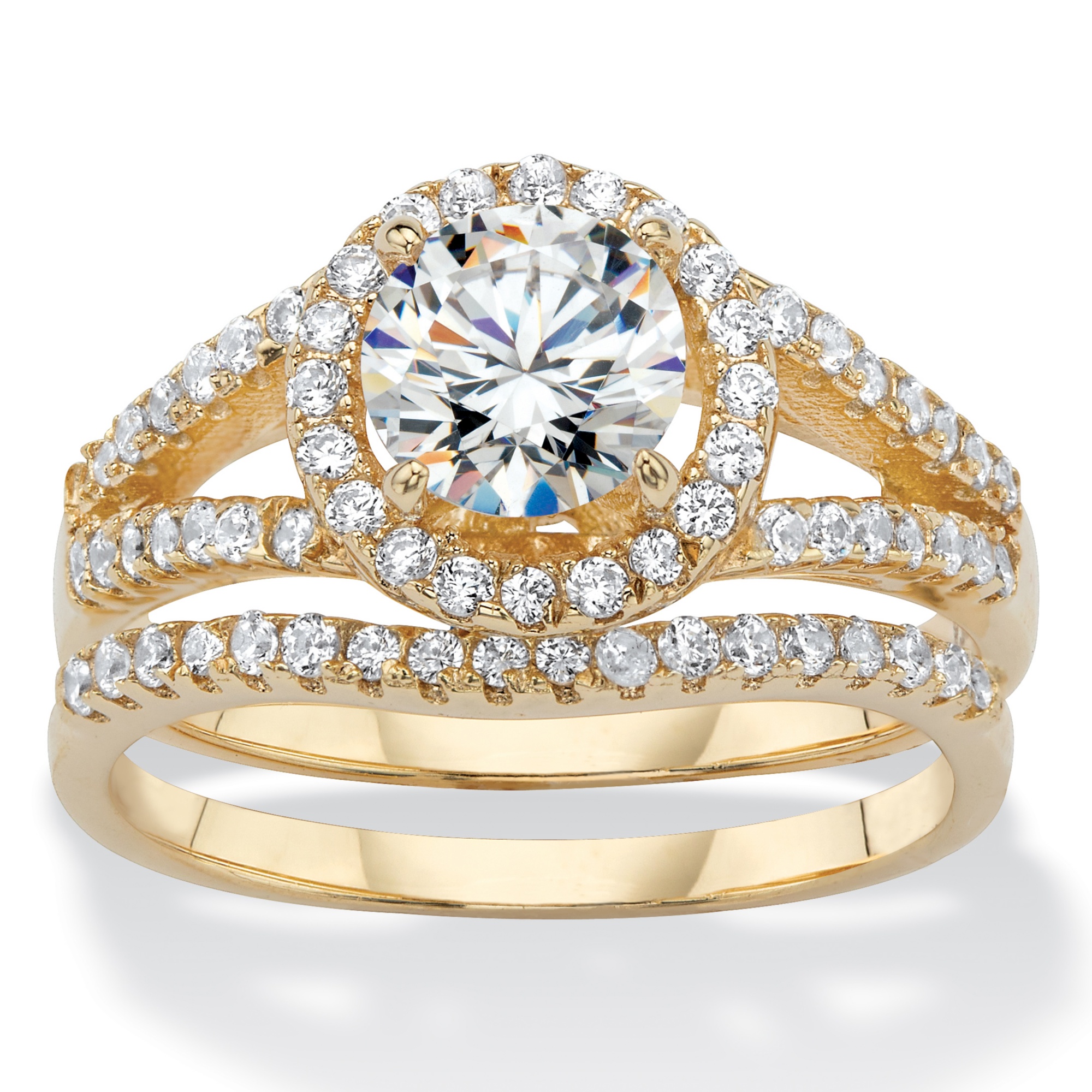 cubic zirconia gold halo plated ring round jewelry bridal yellow 14k palmbeach tcw piece palmbeachjewelry