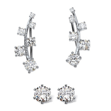 Round Cubic Zirconia Ear Climber and Stud 2-Pair Earring Set 2.22 TCW in Sterling Silver at PalmBeach Jewelry