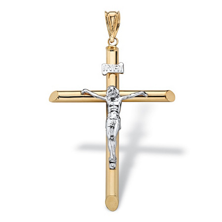 Beveled Crucifix Pendant in Two-tone White and Yellow 14k Gold 2.5" at PalmBeach Jewelry