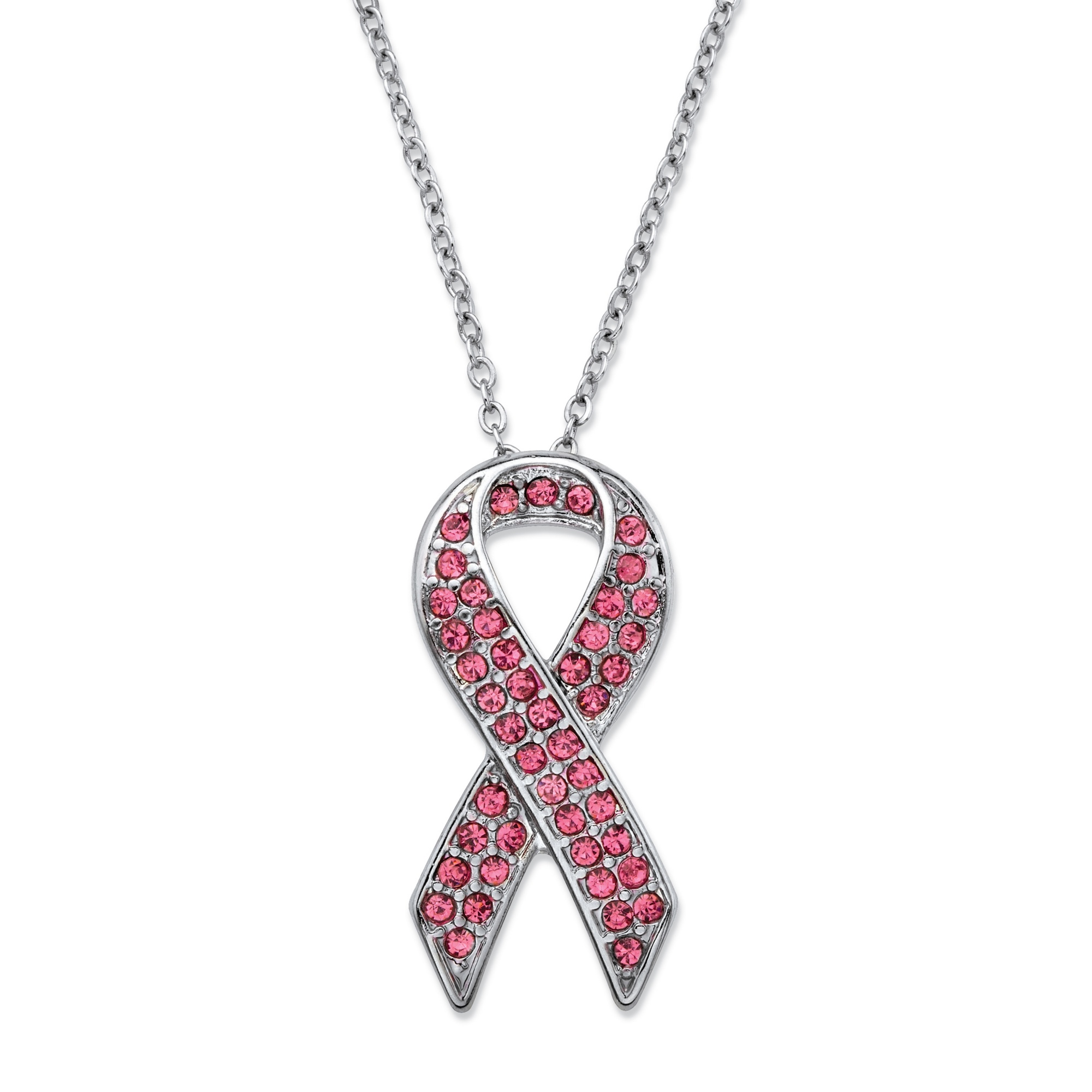 Round Pink Crystal Breast Cancer Awareness Ribbon Pendant Necklace in