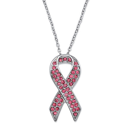 Round Pink Crystal Breast Cancer Awareness Ribbon Pendant Necklace in Silvertone 16-18.5" at PalmBeach Jewelry