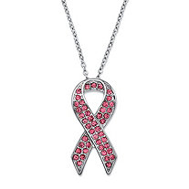 Round Pink Crystal Breast Cancer Awareness Ribbon Pendant Necklace in Silvertone 16-18.5"