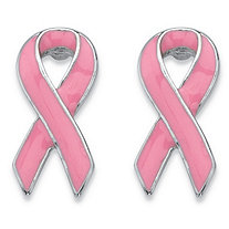Pink Breast Cancer Awareness Ribbon Earrings in Silvertone and Enamel