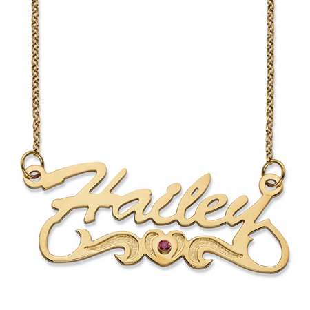 Simulated Birthstone Cubic Zirconia Heart and Scroll Nameplate Necklace in 14k Gold over Sterling Silver 18" at PalmBeach Jewelry