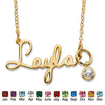 Round Simulated Birthstone Charm Nameplate Necklace in 14k Yellow Gold Over Sterling Silver 19"