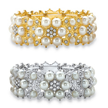 Round Simulated Pearl and Crystal 2-Piece Stretch Bracelet Set in Gold Tone and Silvertone 7" at PalmBeach Jewelry