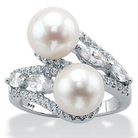 Genuine Freshwater Cultured Pearl and Cubic Zirconia Bypass Ring 1.30 TCW in Sterling Silver (9mm) at PalmBeach Jewelry