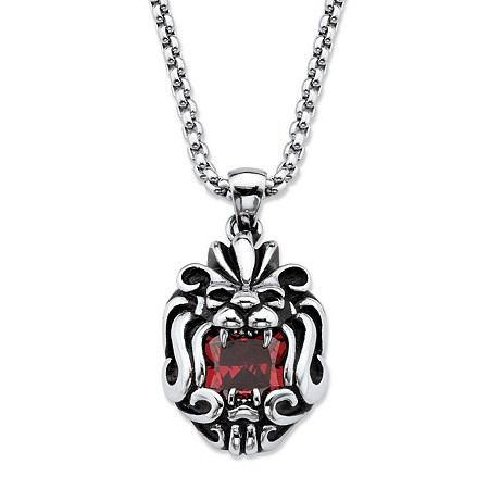 Cushion-Cut Red Cubic Zirconia Tribal Lion Pendant Necklace 2.65 TCW in Antiqued Stainless Steel 24" at PalmBeach Jewelry