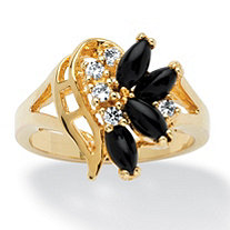 Marquise-Shaped Onyx and Crystal Swirl Ring in Gold-Plated