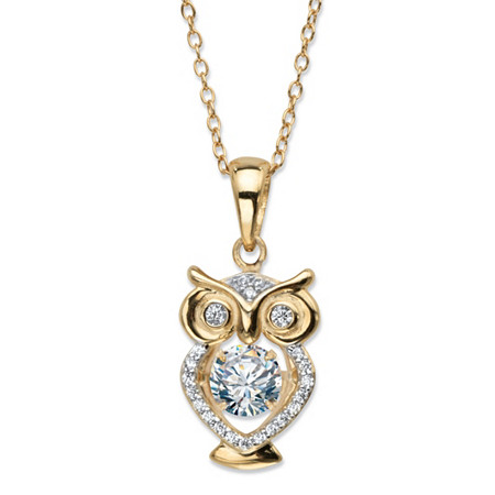 Round CZ in Motion Cubic Zirconia Owl Charm Pendant Necklace .84 TCW Yellow Gold-Plated 18"-20" at PalmBeach Jewelry