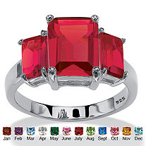 Emerald-Cut Simulated Simulated Birthstone 3-Stone Ring in Sterling Silver