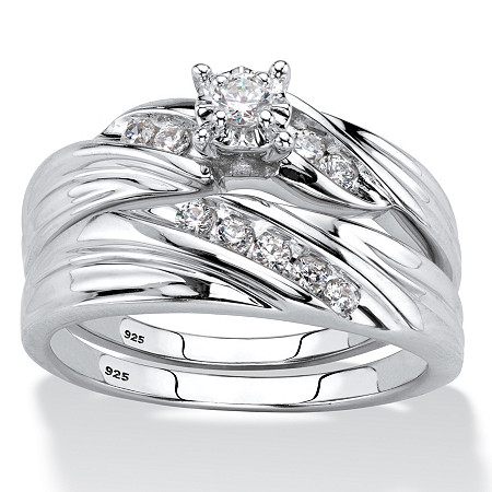Round Cubic Zirconia Diagonal 2-Piece Wedding Ring Set .24 TCW in Platinum over Sterling Silver at PalmBeach Jewelry