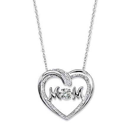 Round CZ in Motion Cubic Zirconia "MOM" Open Heart Pendant Necklace .79 TCW in Sterling Silver 18" at PalmBeach Jewelry