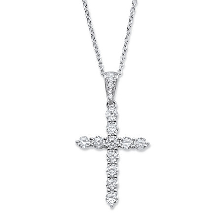 Round Cubic Zirconia Cross Pendant Necklace 1.14 TCW in Sterling Silver 16"-18" at PalmBeach Jewelry