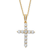 Round Cubic Zirconia Cross Pendant Necklace 1.14 TCW in 14k Gold-Plated Sterling Silver 16"-18"