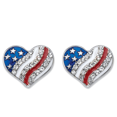 Crystal and Enamel Heart-Shaped American Flag Patriotic Holiday Earrings in Stainless Steel at PalmBeach Jewelry